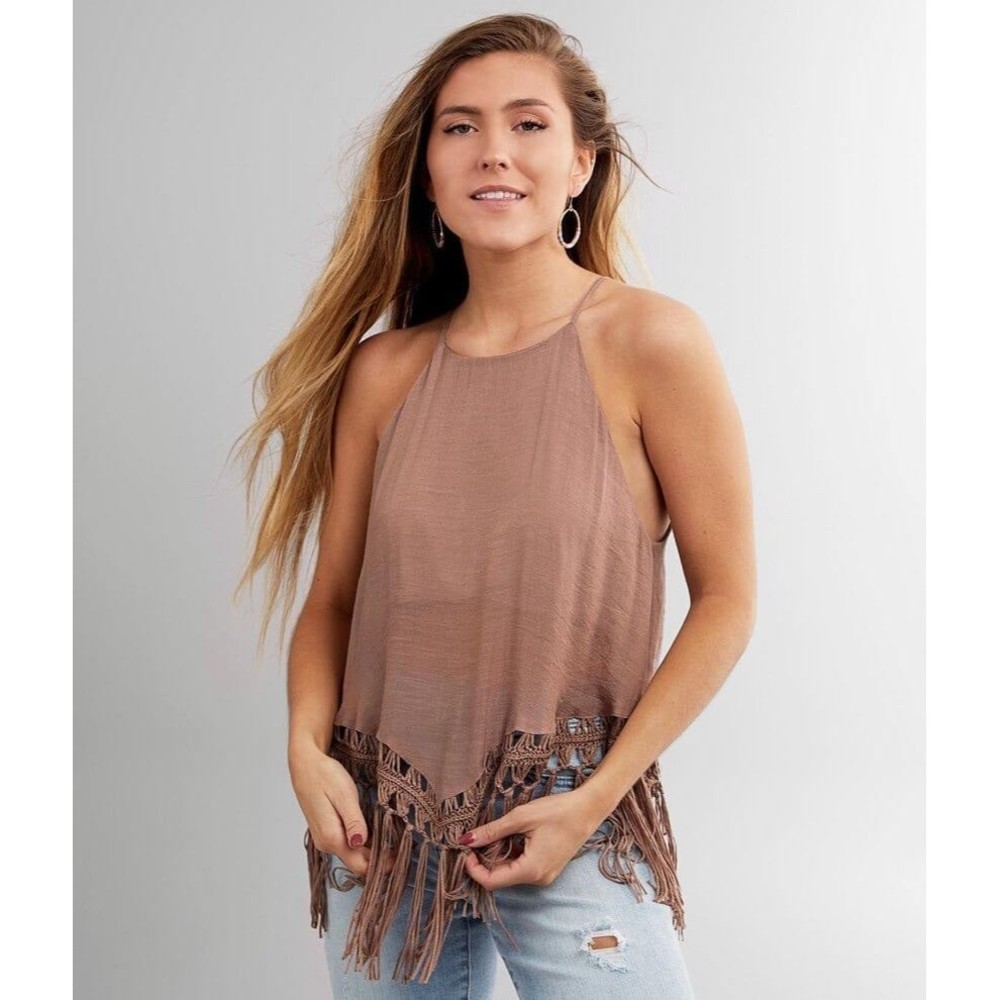 Mustard Seed Woven Crochet Fringe Tank top Size S